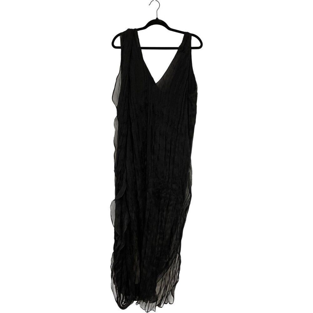 Massimo Dutti Womens Maxi Dress Large L Black Crinkled Sleeveless 6660/555 NWT